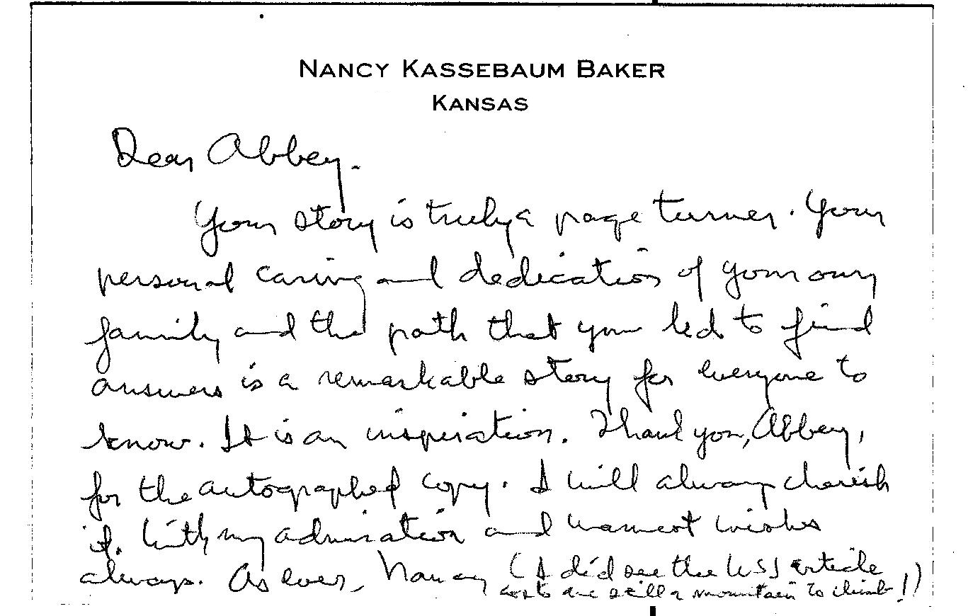A note from retired Senator Nancy Kassebaum Baker